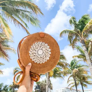 Bali Round Rattan Crossbody Bag Seashell Embellishment with Adjustable Strap