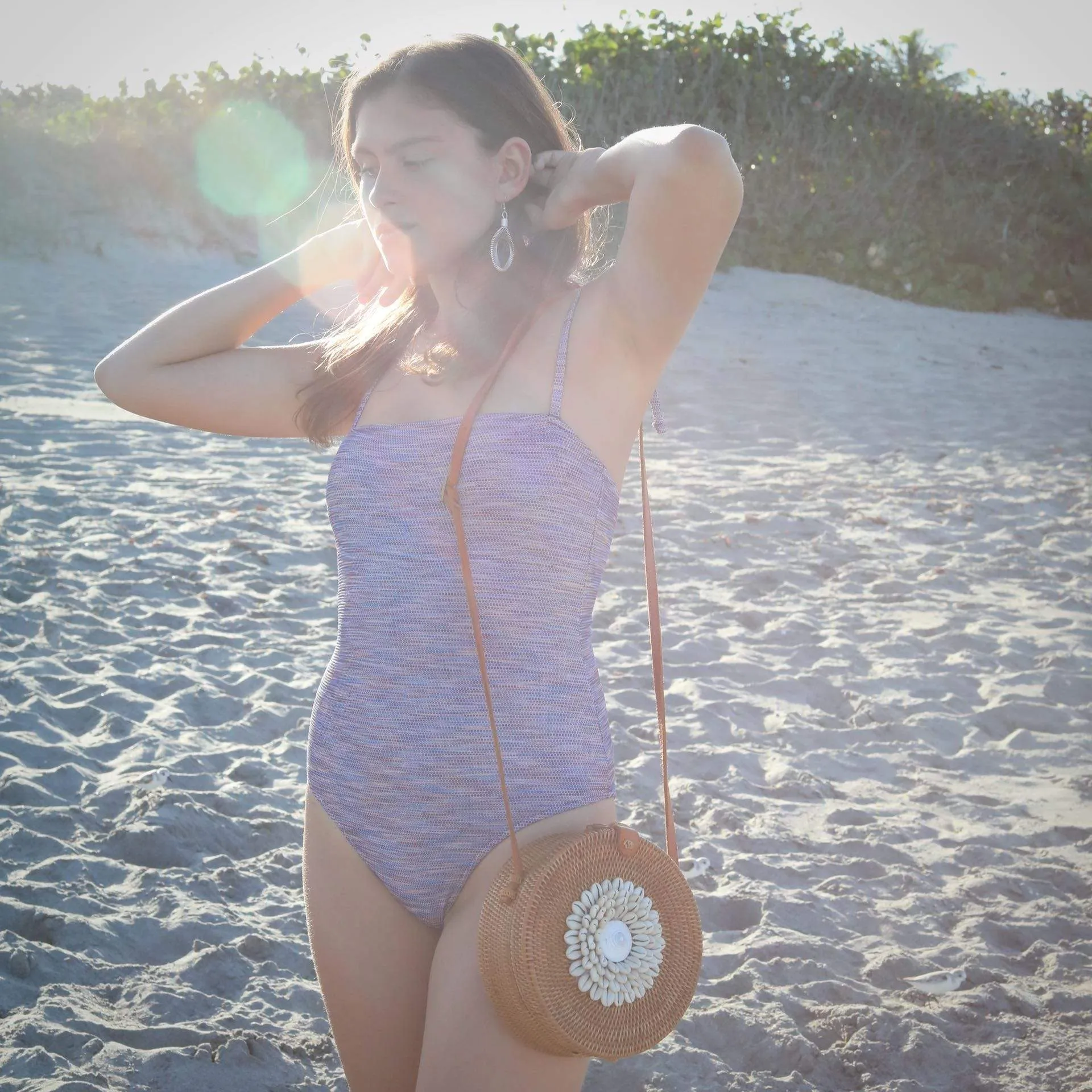 Bali Round Rattan Crossbody Bag Seashell Embellishment with Adjustable Strap