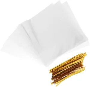 Baluue 100pcs Clear Treat Bags with Golden Ties Cellophane Bags for Candy Cookies Chocolate and Opp Material for Party Favors