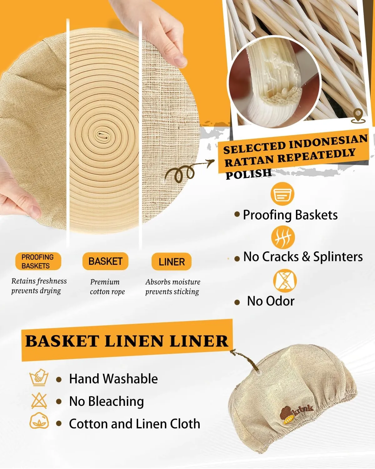 Banneton Bread Proofing Basket Set, Sourdough Starter Kit, 9" Round & 10" Oval Bannetons, Indonesian Rattan Sourdough Bread Baking Supplies, With Bread Making Tools Bread Lame Linen Liner