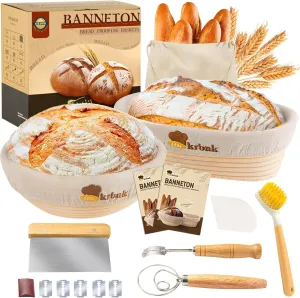 Banneton Bread Proofing Basket Set, Sourdough Starter Kit, 9" Round & 10" Oval Bannetons, Indonesian Rattan Sourdough Bread Baking Supplies, With Bread Making Tools Bread Lame Linen Liner