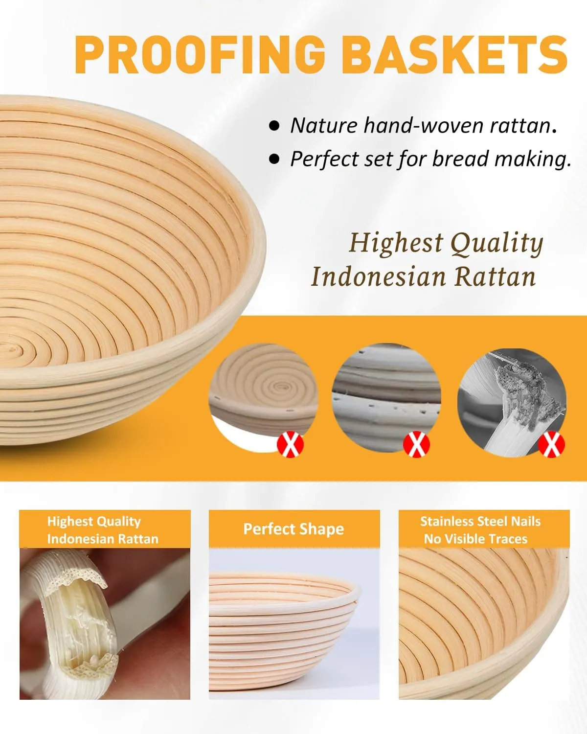 Banneton Bread Proofing Basket Set, Sourdough Starter Kit, 9" Round & 10" Oval Bannetons, Indonesian Rattan Sourdough Bread Baking Supplies, With Bread Making Tools Bread Lame Linen Liner
