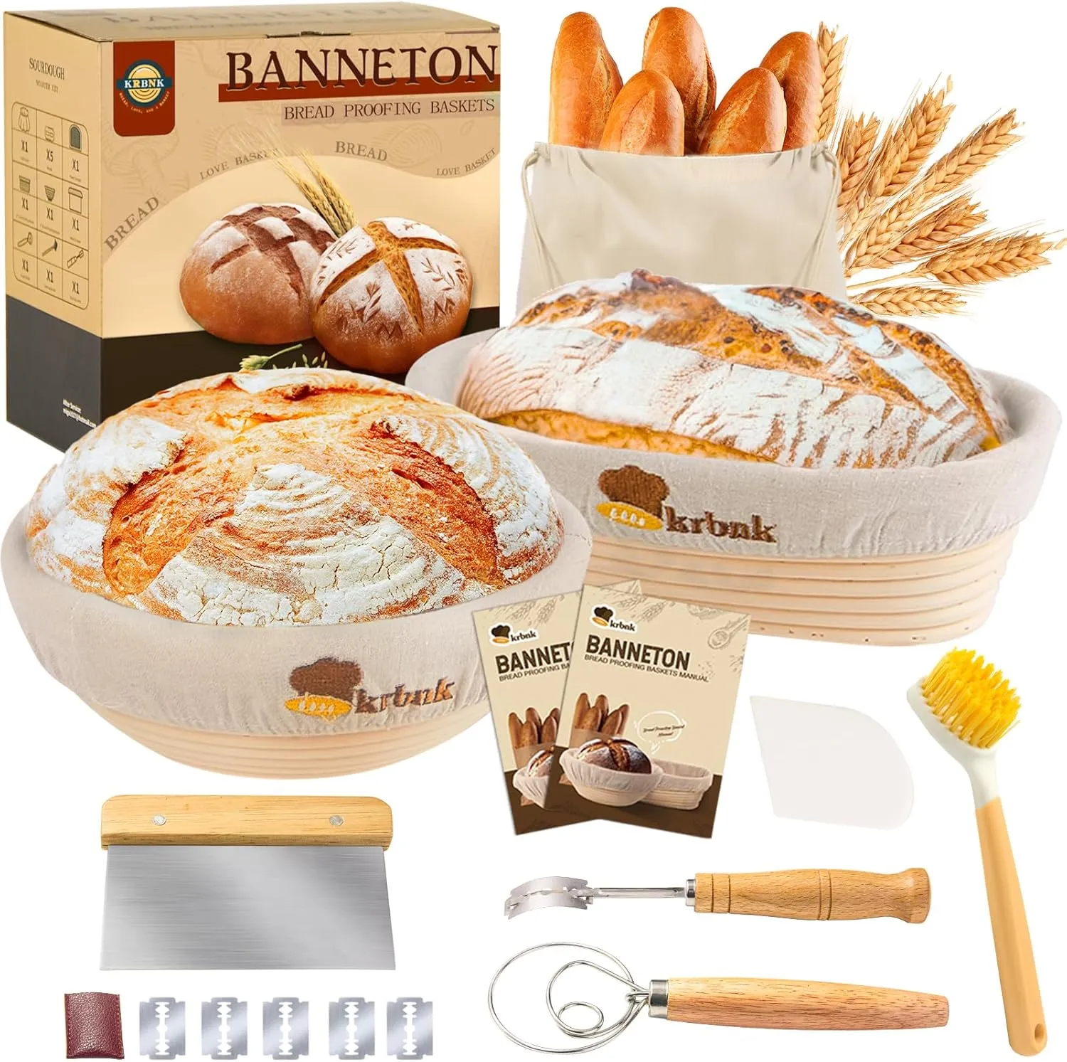 Banneton Bread Proofing Basket Set, Sourdough Starter Kit, 9" Round & 10" Oval Bannetons, Indonesian Rattan Sourdough Bread Baking Supplies, With Bread Making Tools Bread Lame Linen Liner
