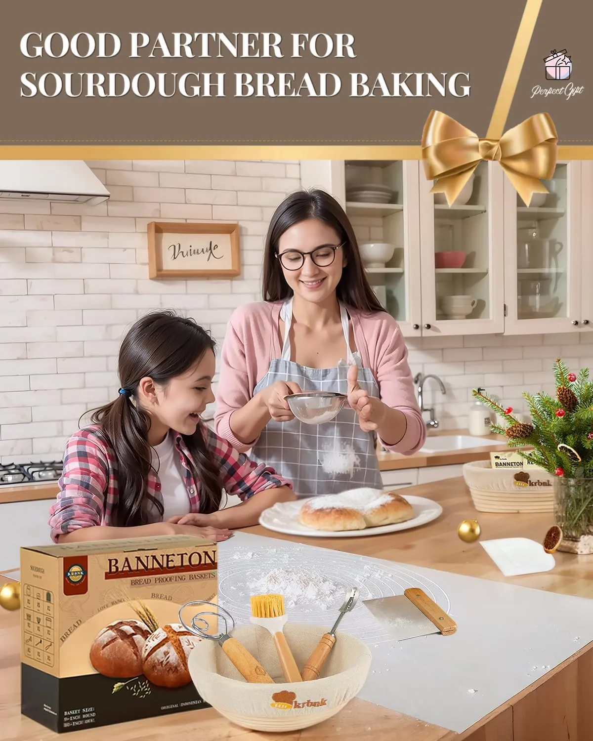 Banneton Bread Proofing Basket Set, Sourdough Starter Kit, 9" Round & 10" Oval Bannetons, Indonesian Rattan Sourdough Bread Baking Supplies, With Bread Making Tools Bread Lame Linen Liner