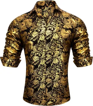 Barry.Wang Men's Disco Dress Shirt Long Sleeve Nightclub Mexico Paisley Floral Shirts Metallic Gothic Shiny Button Down Shirt