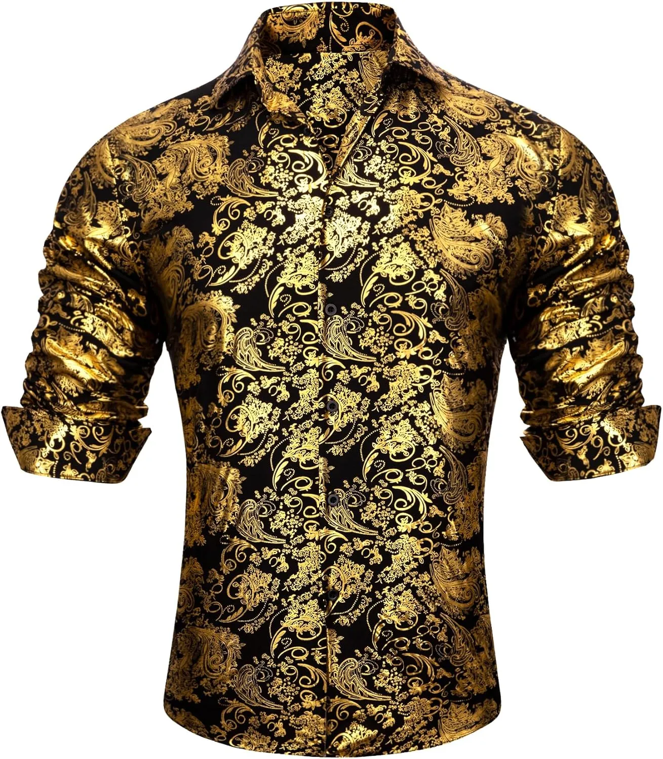 Barry.Wang Men's Disco Dress Shirt Long Sleeve Nightclub Mexico Paisley Floral Shirts Metallic Gothic Shiny Button Down Shirt