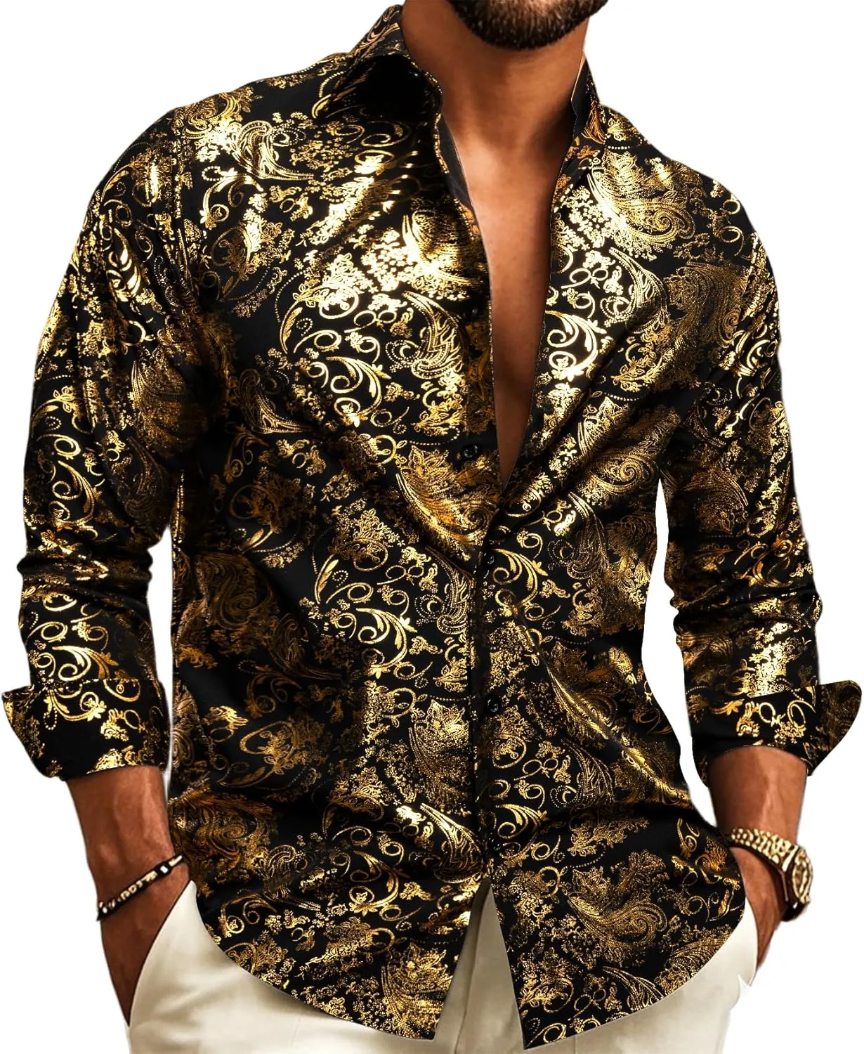 Barry.Wang Men's Disco Dress Shirt Long Sleeve Nightclub Mexico Paisley Floral Shirts Metallic Gothic Shiny Button Down Shirt