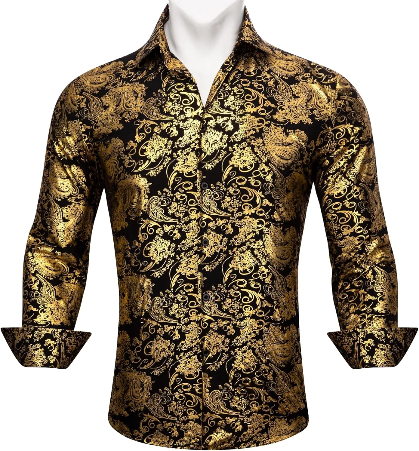 Barry.Wang Men's Disco Dress Shirt Long Sleeve Nightclub Mexico Paisley Floral Shirts Metallic Gothic Shiny Button Down Shirt