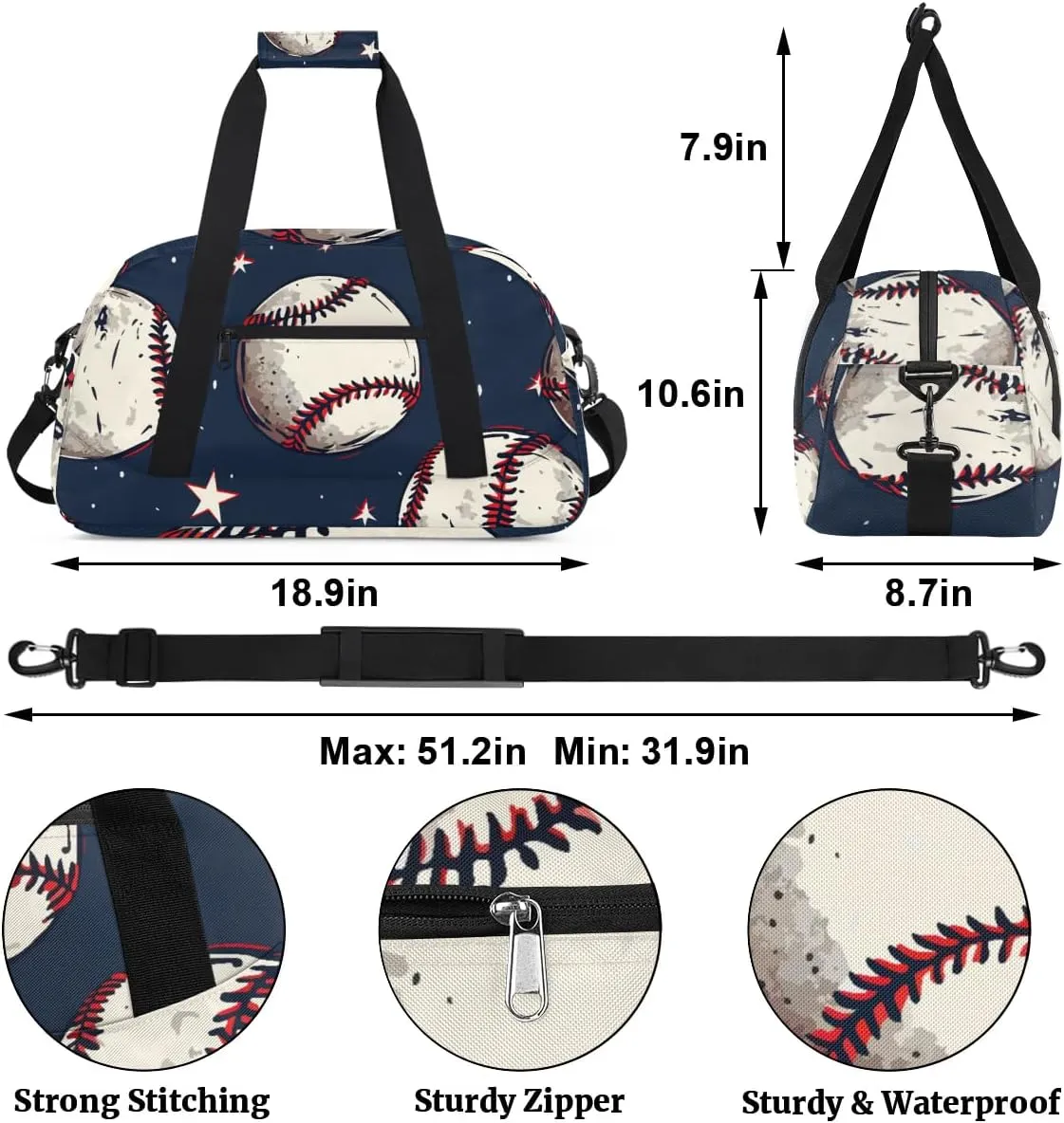 Baseball Sports Pattern Gym Bag Sports Duffle Bag Weekend Sleepover Duffel Bags Small Travel Tote for Overnight Workout Gymnastics Dance Ballet