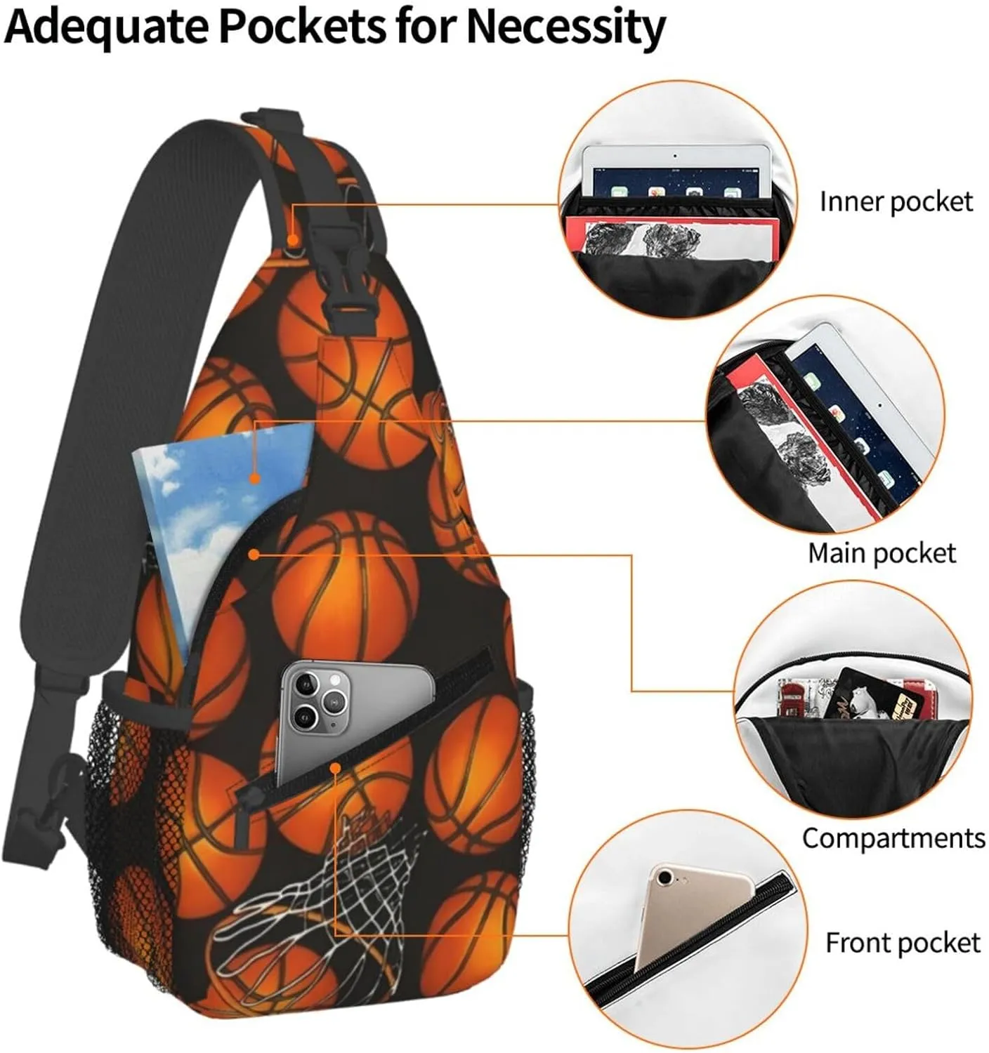 Basketball Net Dribble Jump Shot Crossbody Bag Adjustable Sling Bag Casual Chest Bags Travel Shoulder Backpack