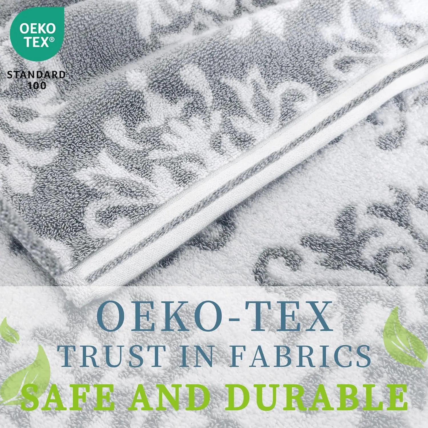 Bath Towels Set of 4 (28"x55") - 100% Cotton | Quick Dry | Soft | Heavy Duty | Absorbent | Fade-Resistant, Decorative Bath Towels, Damask Patterned Shower Towel, Towel Gift Set, Dark Grey and White