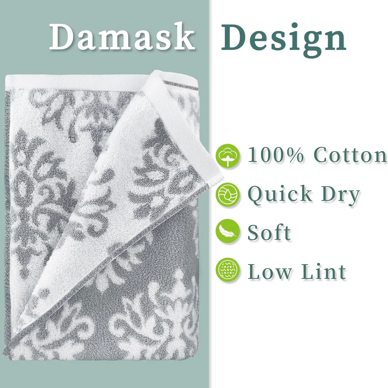Bath Towels Set of 4 (28"x55") - 100% Cotton | Quick Dry | Soft | Heavy Duty | Absorbent | Fade-Resistant, Decorative Bath Towels, Damask Patterned Shower Towel, Towel Gift Set, Dark Grey and White