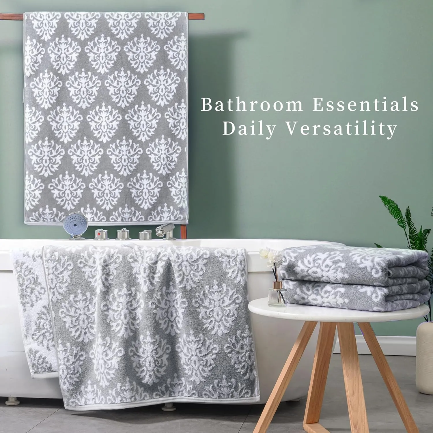 Bath Towels Set of 4 (28"x55") - 100% Cotton | Quick Dry | Soft | Heavy Duty | Absorbent | Fade-Resistant, Decorative Bath Towels, Damask Patterned Shower Towel, Towel Gift Set, Dark Grey and White