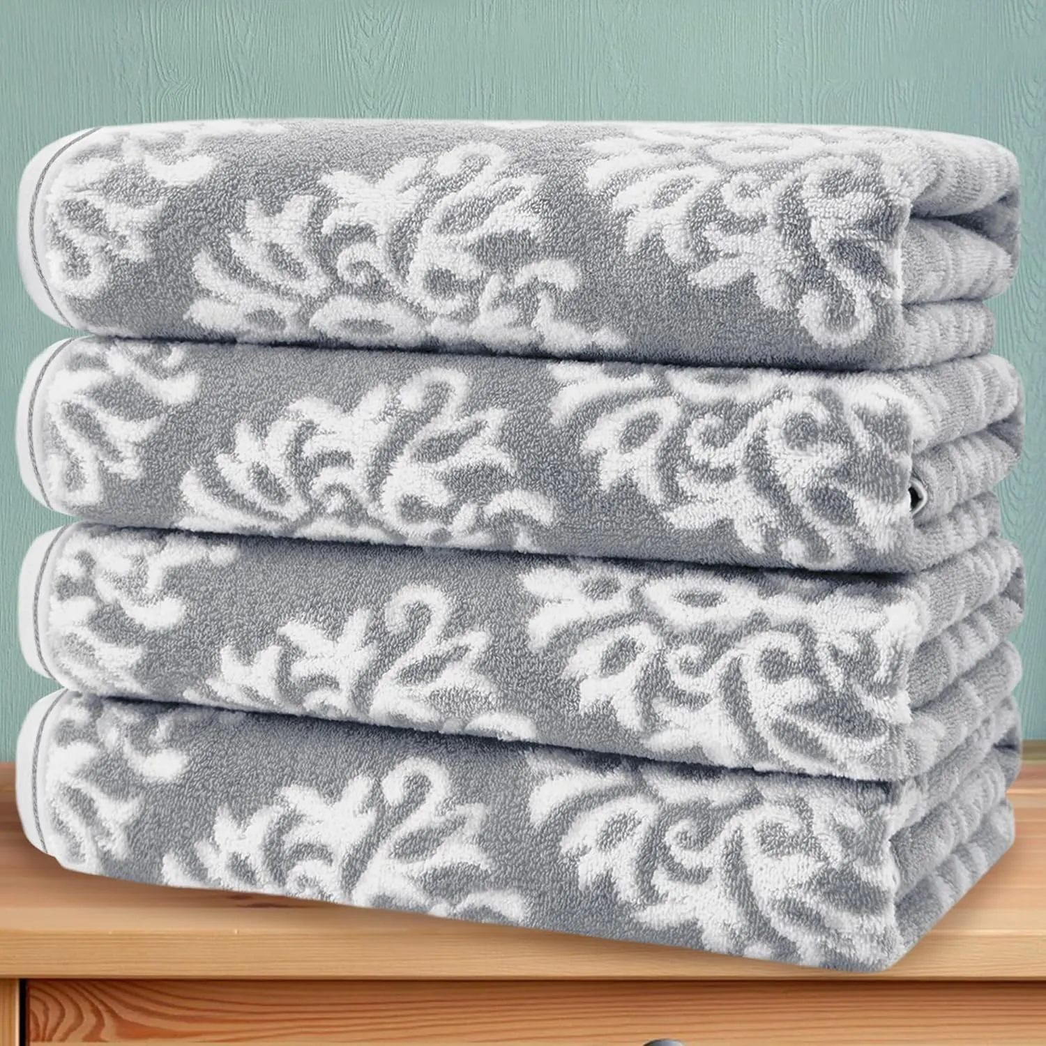 Bath Towels Set of 4 (28"x55") - 100% Cotton | Quick Dry | Soft | Heavy Duty | Absorbent | Fade-Resistant, Decorative Bath Towels, Damask Patterned Shower Towel, Towel Gift Set, Dark Grey and White