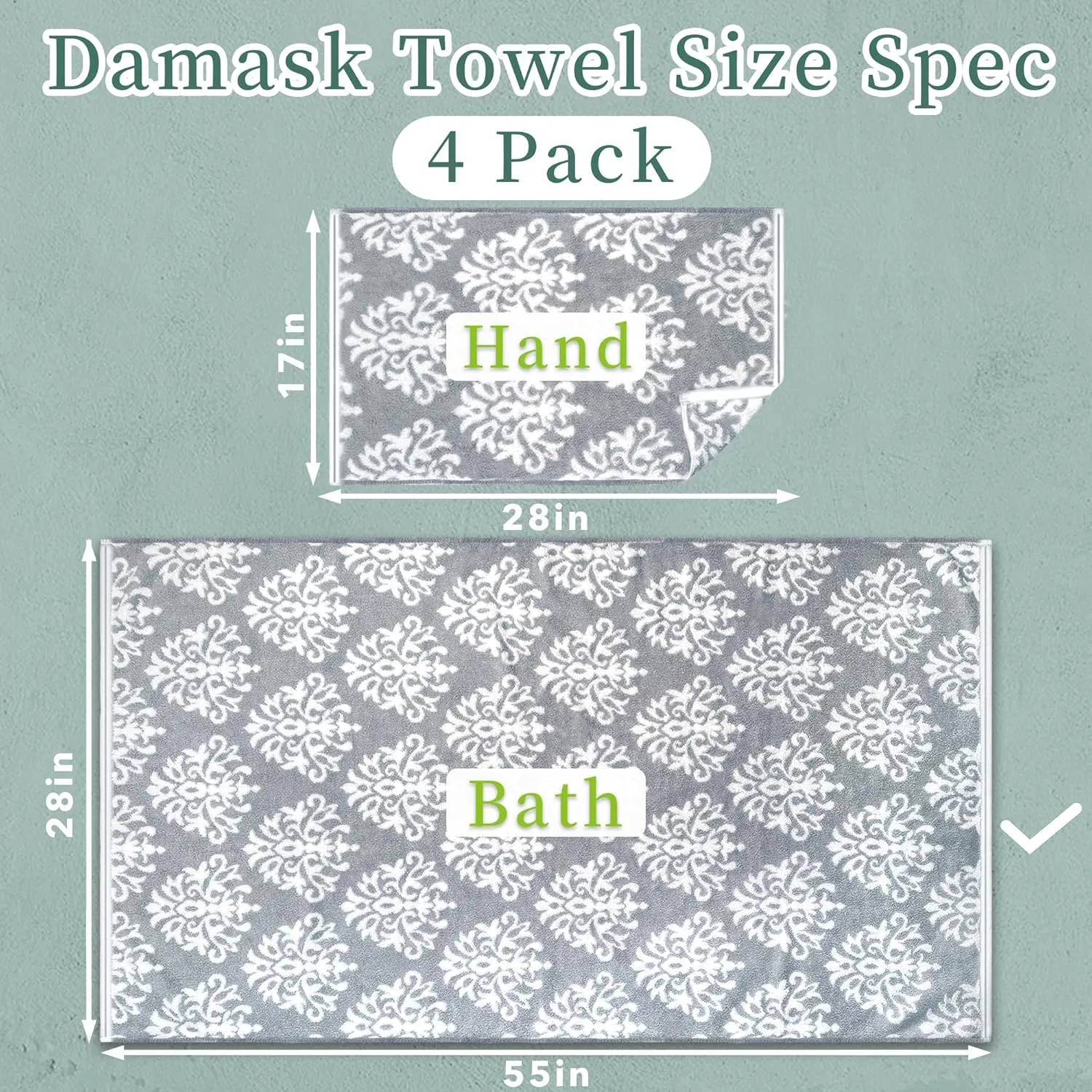 Bath Towels Set of 4 (28"x55") - 100% Cotton | Quick Dry | Soft | Heavy Duty | Absorbent | Fade-Resistant, Decorative Bath Towels, Damask Patterned Shower Towel, Towel Gift Set, Dark Grey and White