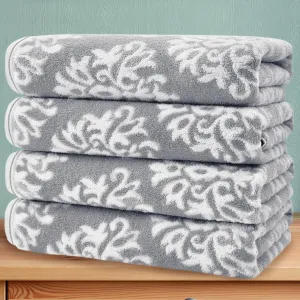 Bath Towels Set of 4 (28"x55") - 100% Cotton | Quick Dry | Soft | Heavy Duty | Absorbent | Fade-Resistant, Decorative Bath Towels, Damask Patterned Shower Towel, Towel Gift Set, Dark Grey and White