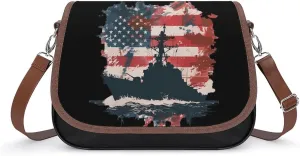 Battleship USA American Flag Crossbody Bags for Women PU Leather Tote Bag Purse Shoulder Bag for Travel Office