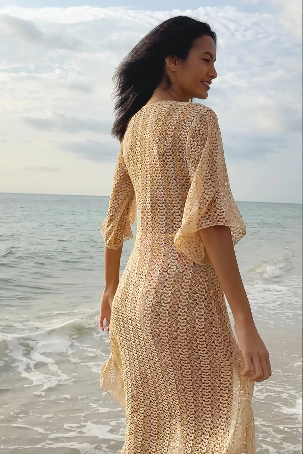 BECCA Women's Golden Mesh Tunic, Casual, Pull On, Sheer, Beach Cover Ups