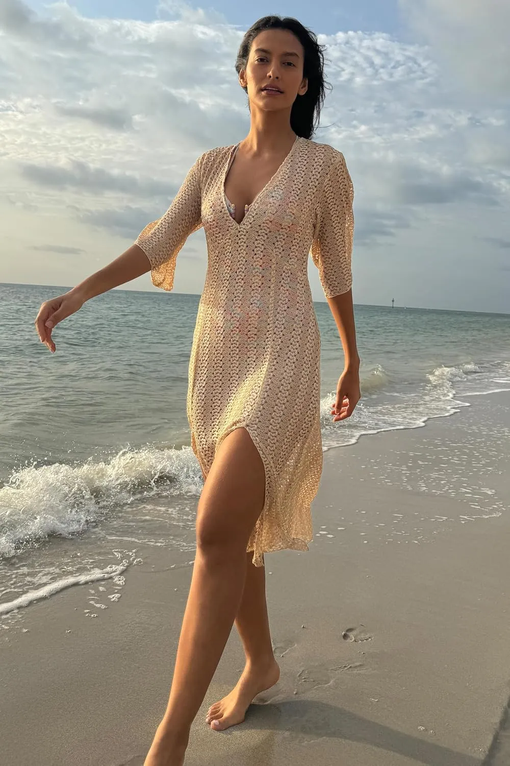 BECCA Women's Golden Mesh Tunic, Casual, Pull On, Sheer, Beach Cover Ups