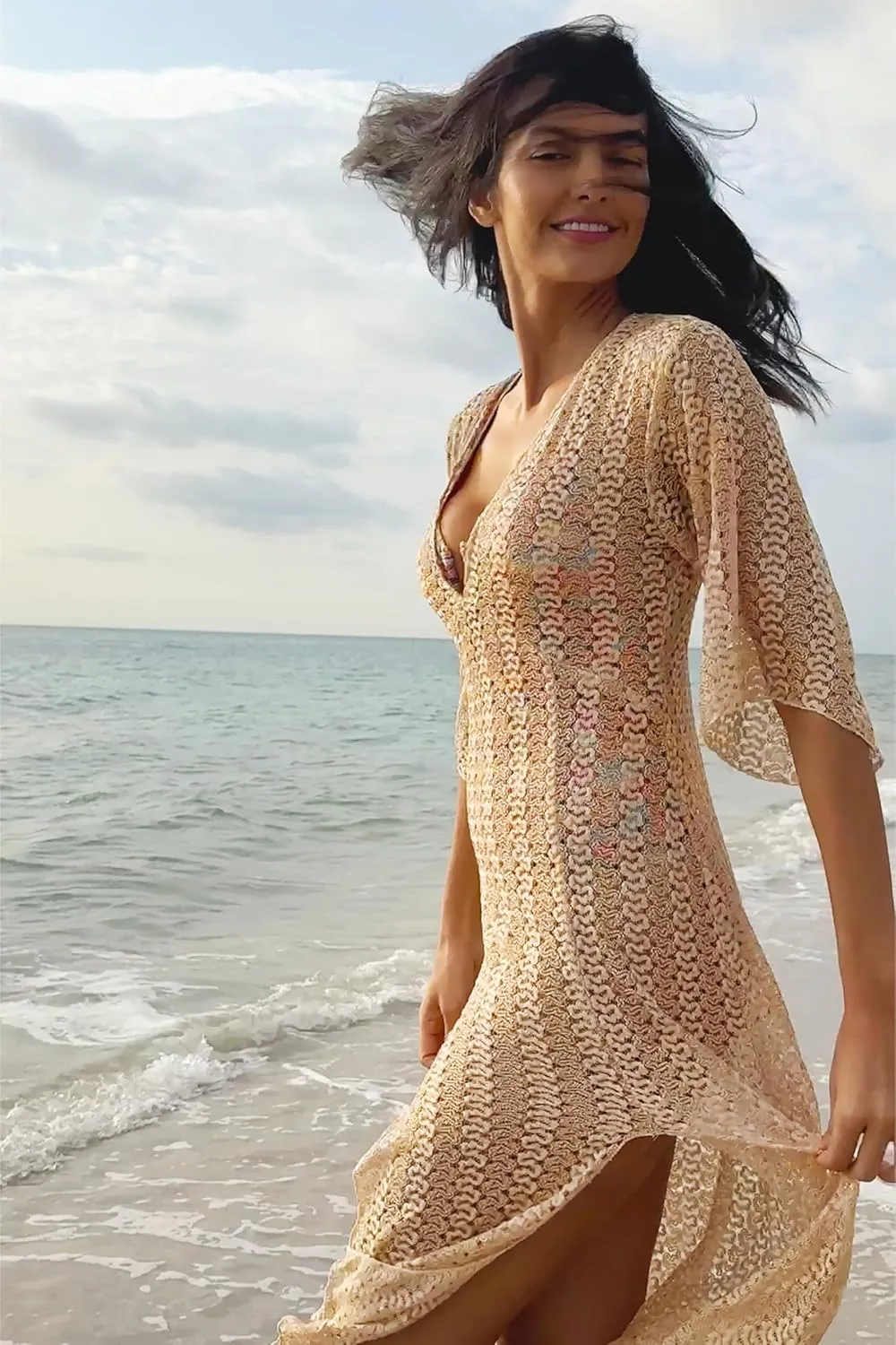 BECCA Women's Golden Mesh Tunic, Casual, Pull On, Sheer, Beach Cover Ups