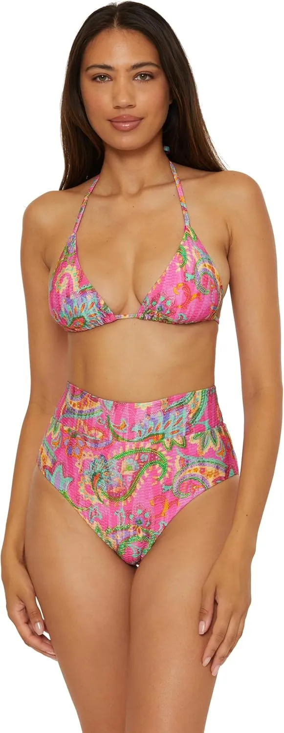 BECCA Women's Polynesia High Waisted Bikini Bottom, Floral Print, Cheeky Coverage, Swimwear Separates