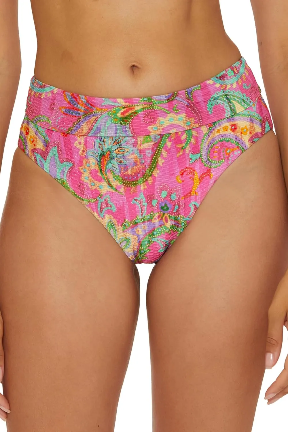 BECCA Women's Polynesia High Waisted Bikini Bottom, Floral Print, Cheeky Coverage, Swimwear Separates