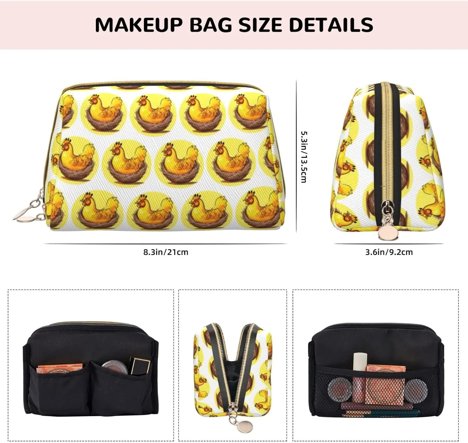 Bird'S Nest Golden Chickenmakeup Bag Organizer,Toiletry Cosmetic Bag,Zipper Pouch Brushes Storage Case(Large)