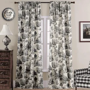 Black Curtains 84 Inches Long for Living Room Patterned Print Semi Blackout Farmhouse Modern Toile Pattern on Cream White Cotton Fabric Window Treatments Drapes for Bedroom 84 Inch Length 2 Panels