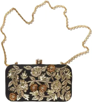 Black Floral Embroidered Silk Clutch - Hand Embroidered Silk Handbag Clutch Purse - Evening Handbag