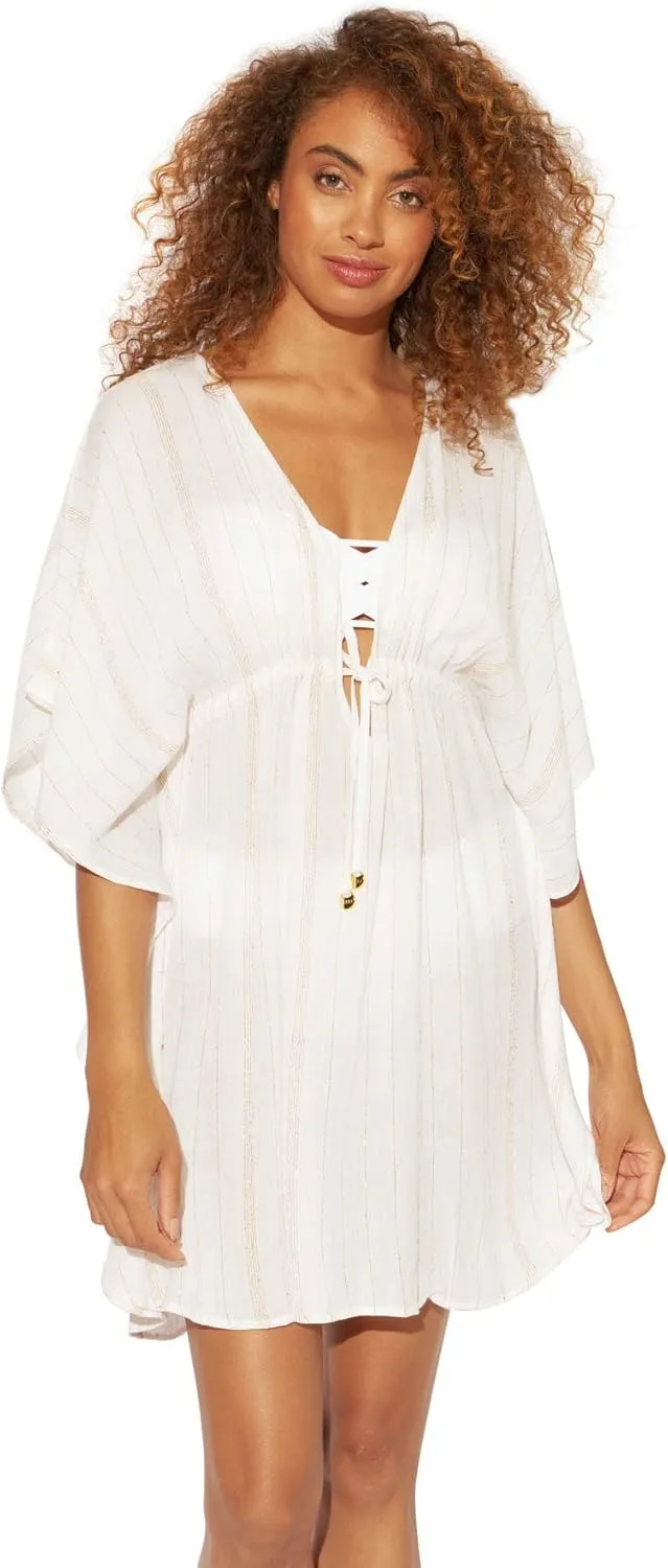 Bleu Rod Beattie Women's Metallic V-Neck Tunic Swim Cover Up White/Gold M