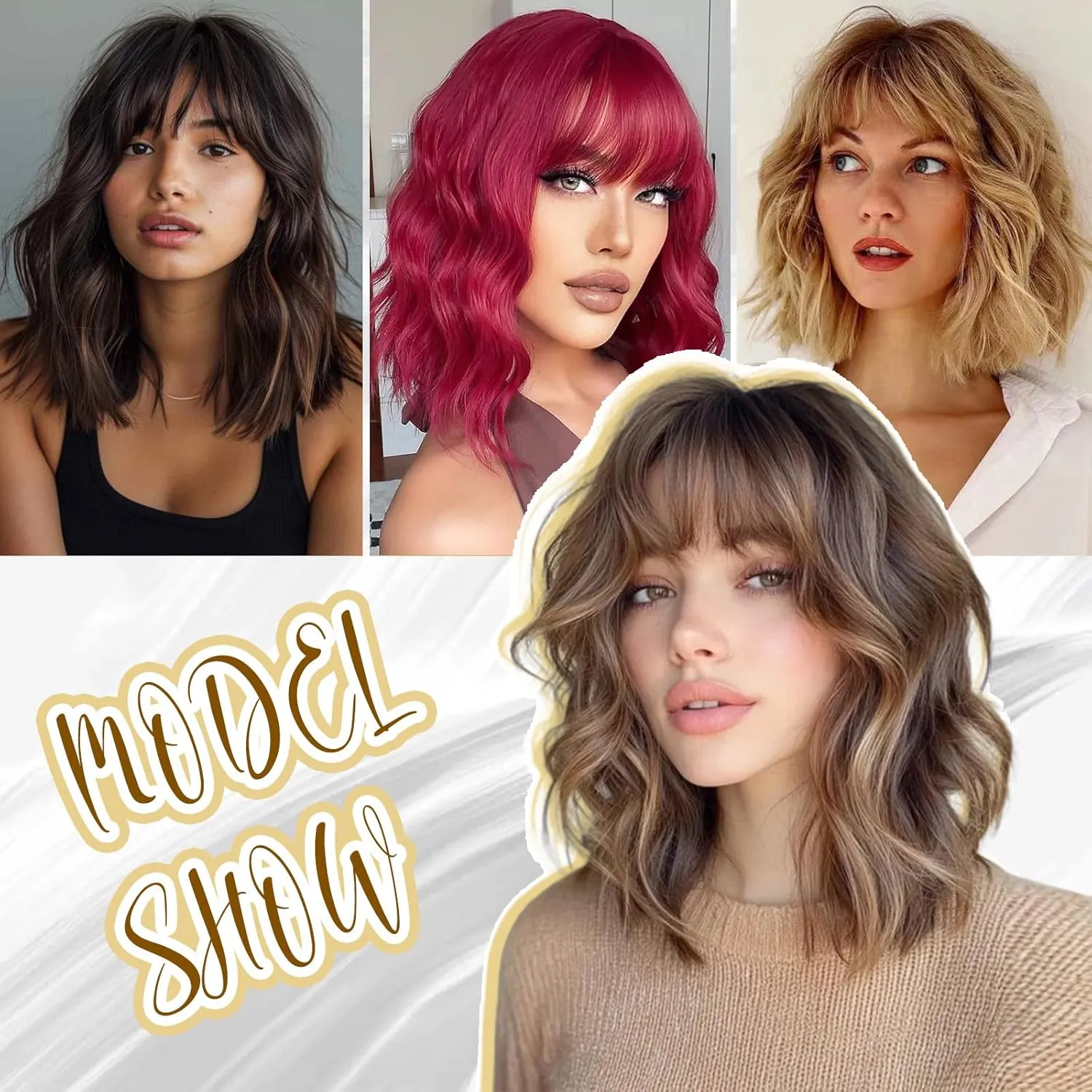 Blonde Wigs With Bangs Short Wavy Wig for Women 14 Inch Golden Blonde Curly Shoulder Length Bob Wigs Synthetic fiber Hair for Daily Party Use