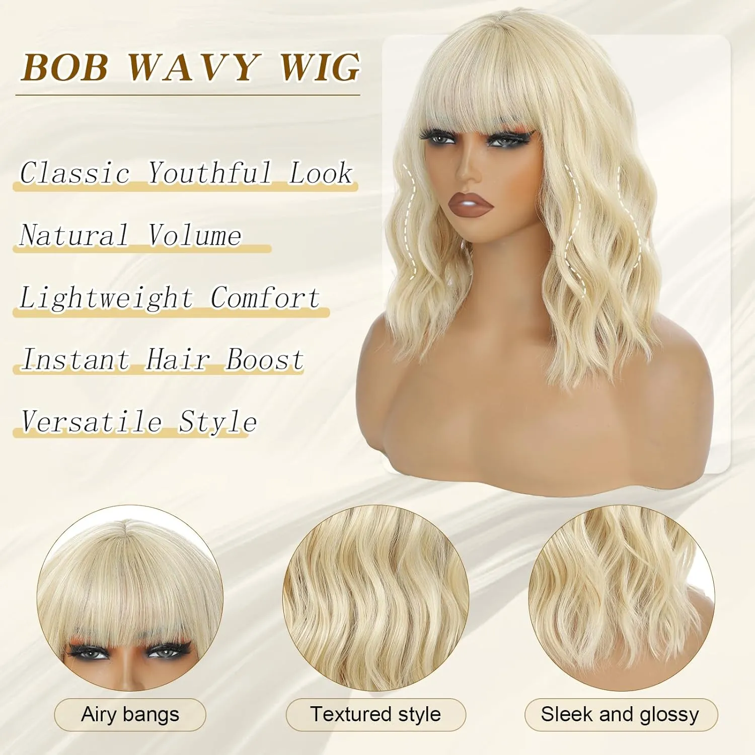 Blonde Wigs With Bangs Short Wavy Wig for Women 14 Inch Golden Blonde Curly Shoulder Length Bob Wigs Synthetic fiber Hair for Daily Party Use