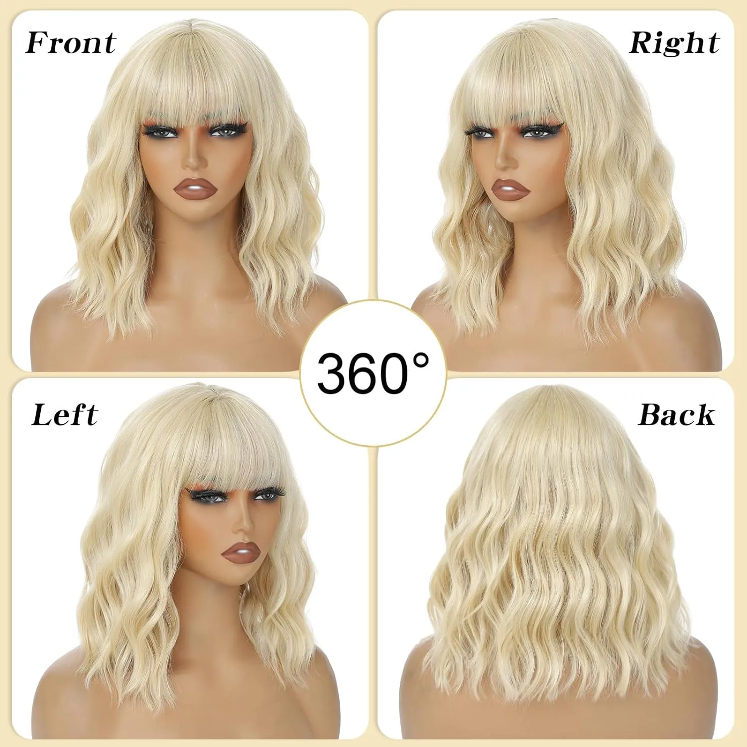 Blonde Wigs With Bangs Short Wavy Wig for Women 14 Inch Golden Blonde Curly Shoulder Length Bob Wigs Synthetic fiber Hair for Daily Party Use