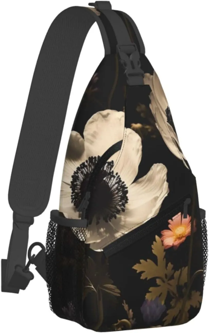 Blooming Flowers Black Sling Bag Backpack For Men Cross Chest Bag Crossbody Shoulder Bag Travel Hiking Daypack