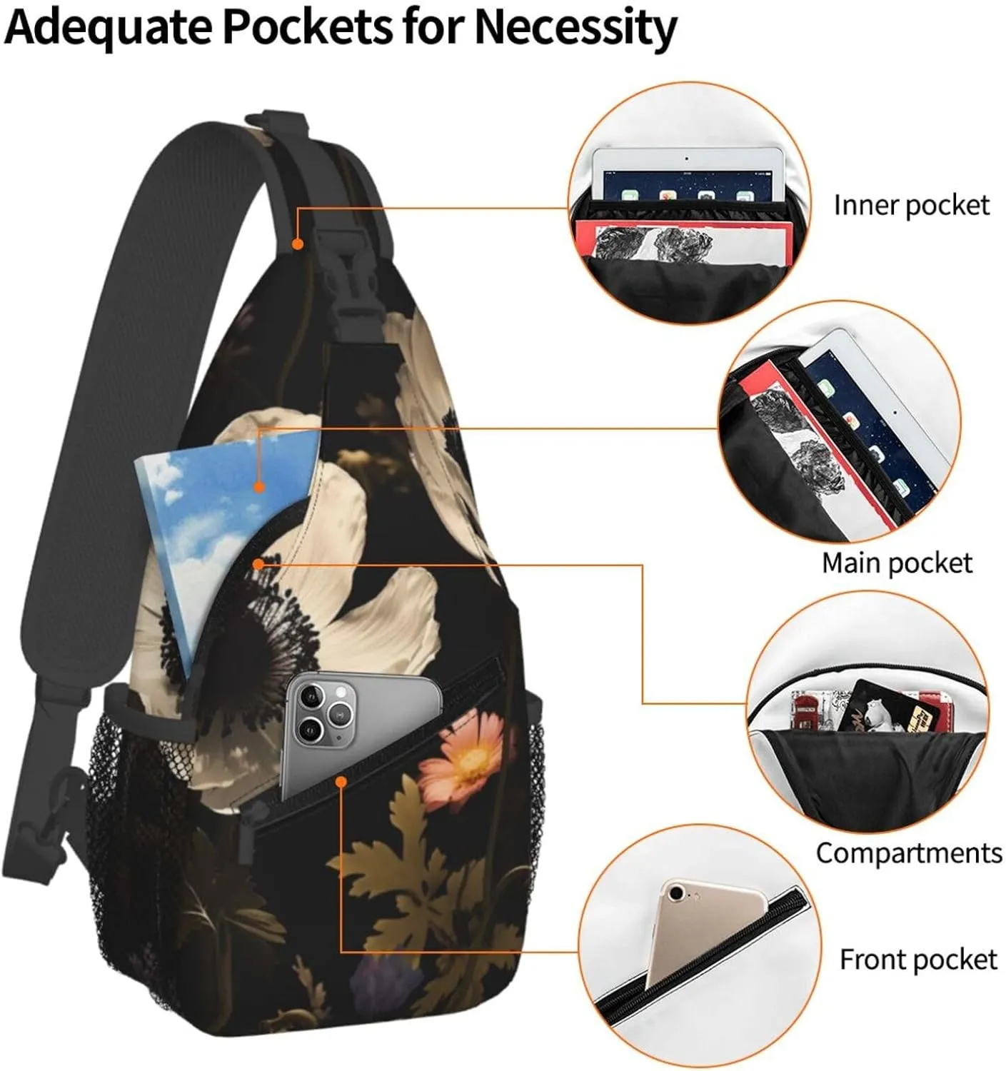 Blooming Flowers Black Sling Bag Backpack For Men Cross Chest Bag Crossbody Shoulder Bag Travel Hiking Daypack