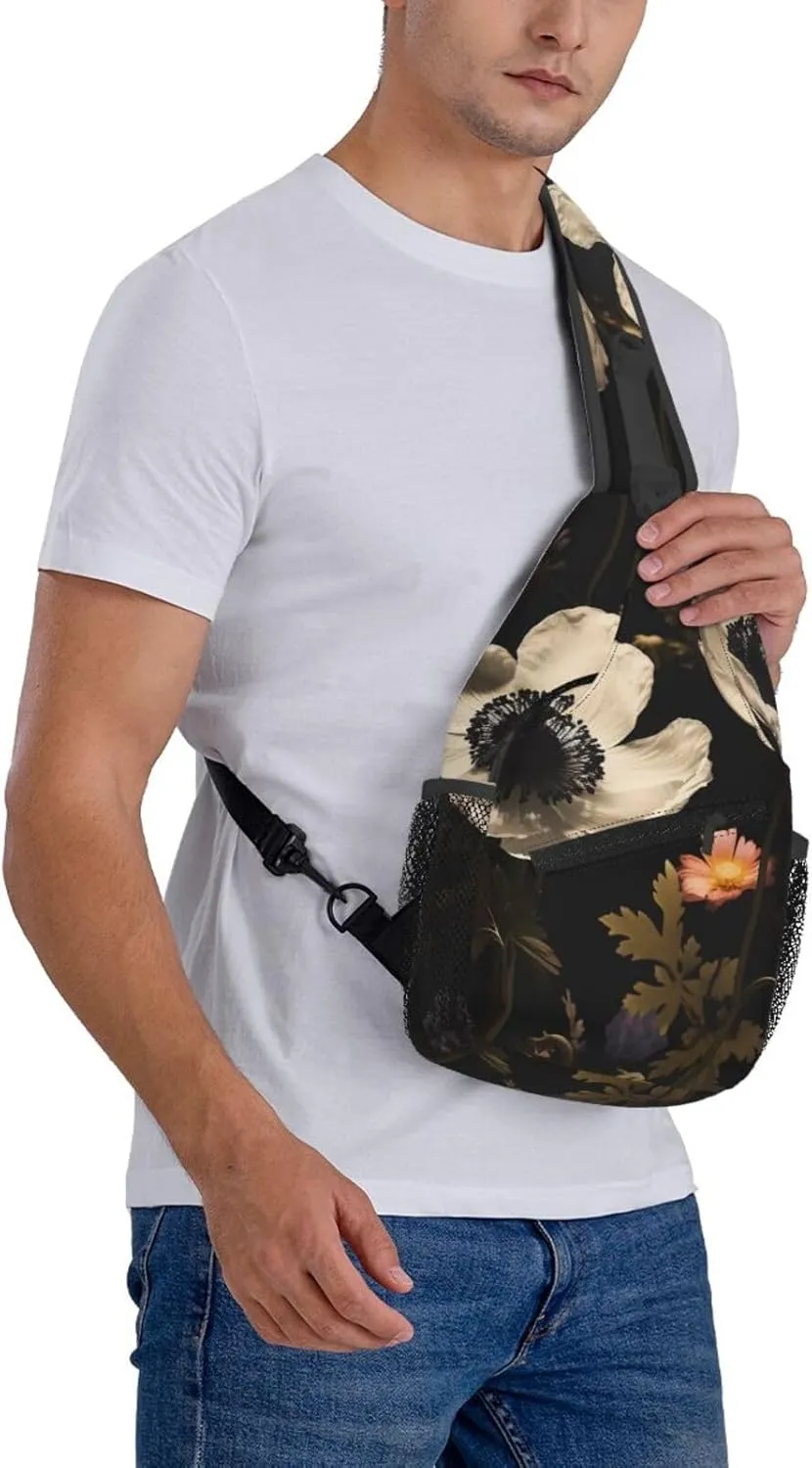 Blooming Flowers Black Sling Bag Backpack For Men Cross Chest Bag Crossbody Shoulder Bag Travel Hiking Daypack