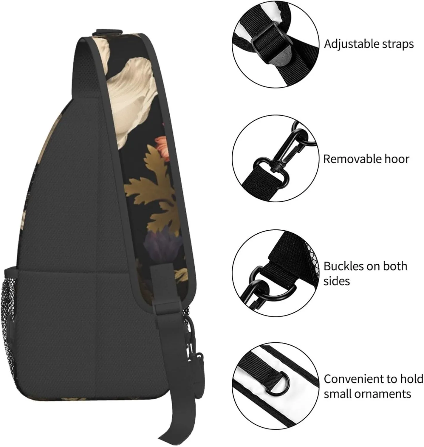 Blooming Flowers Black Sling Bag Backpack For Men Cross Chest Bag Crossbody Shoulder Bag Travel Hiking Daypack