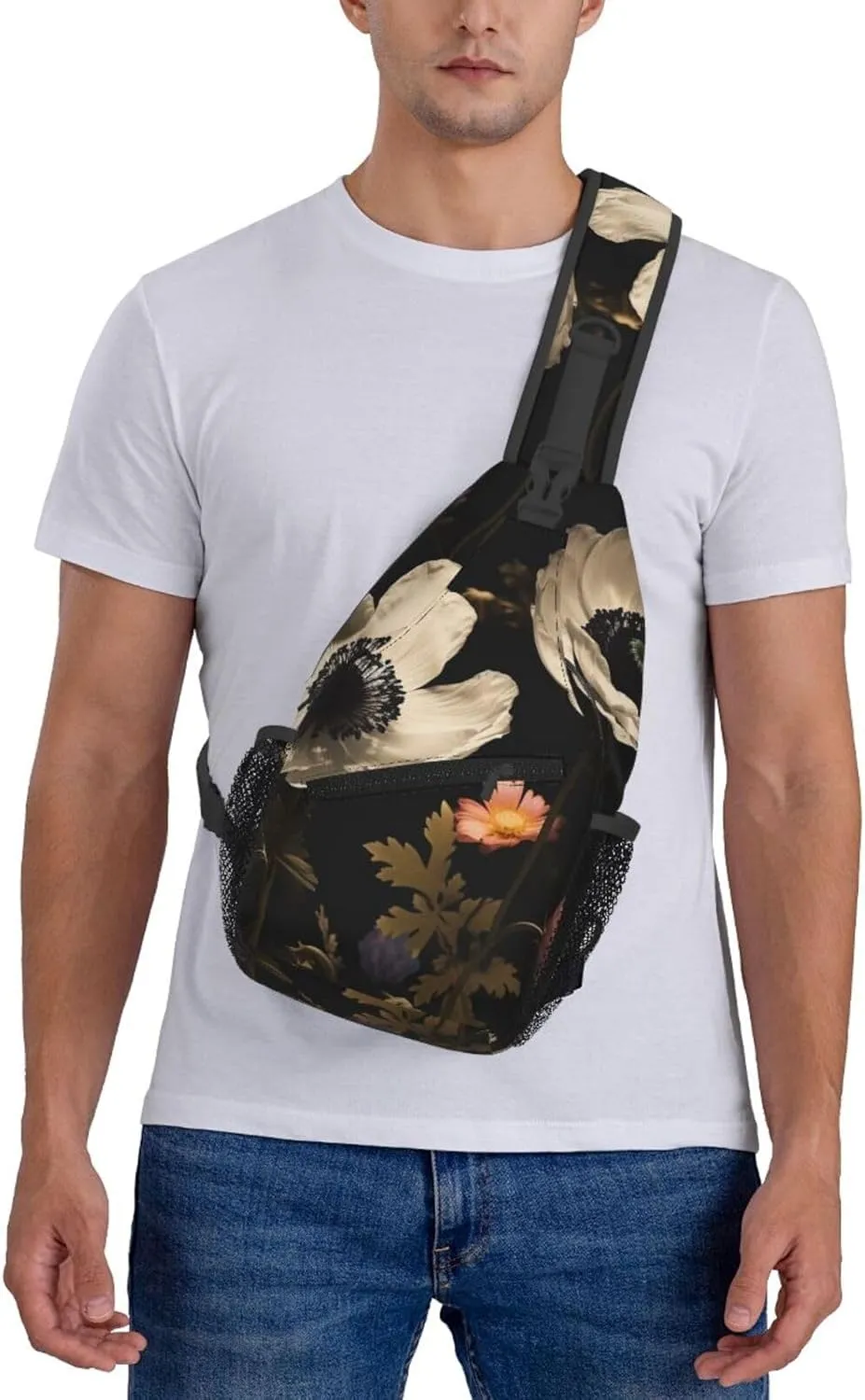 Blooming Flowers Black Sling Bag Backpack For Men Cross Chest Bag Crossbody Shoulder Bag Travel Hiking Daypack