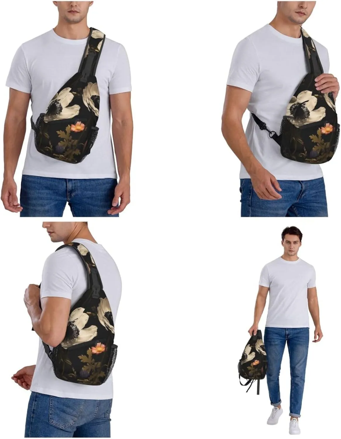 Blooming Flowers Black Sling Bag Backpack For Men Cross Chest Bag Crossbody Shoulder Bag Travel Hiking Daypack