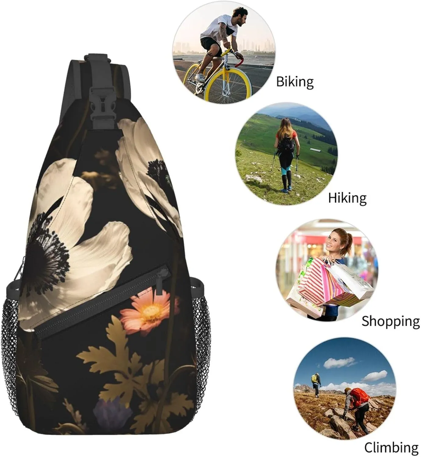 Blooming Flowers Black Sling Bag Backpack For Men Cross Chest Bag Crossbody Shoulder Bag Travel Hiking Daypack