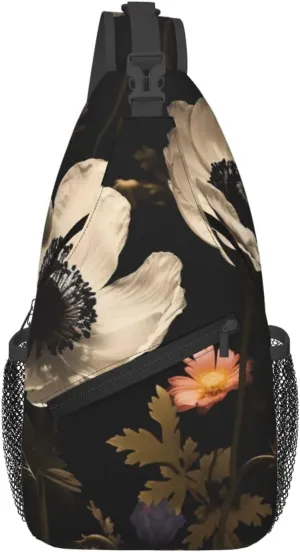 Blooming Flowers Black Sling Bag Backpack For Men Cross Chest Bag Crossbody Shoulder Bag Travel Hiking Daypack