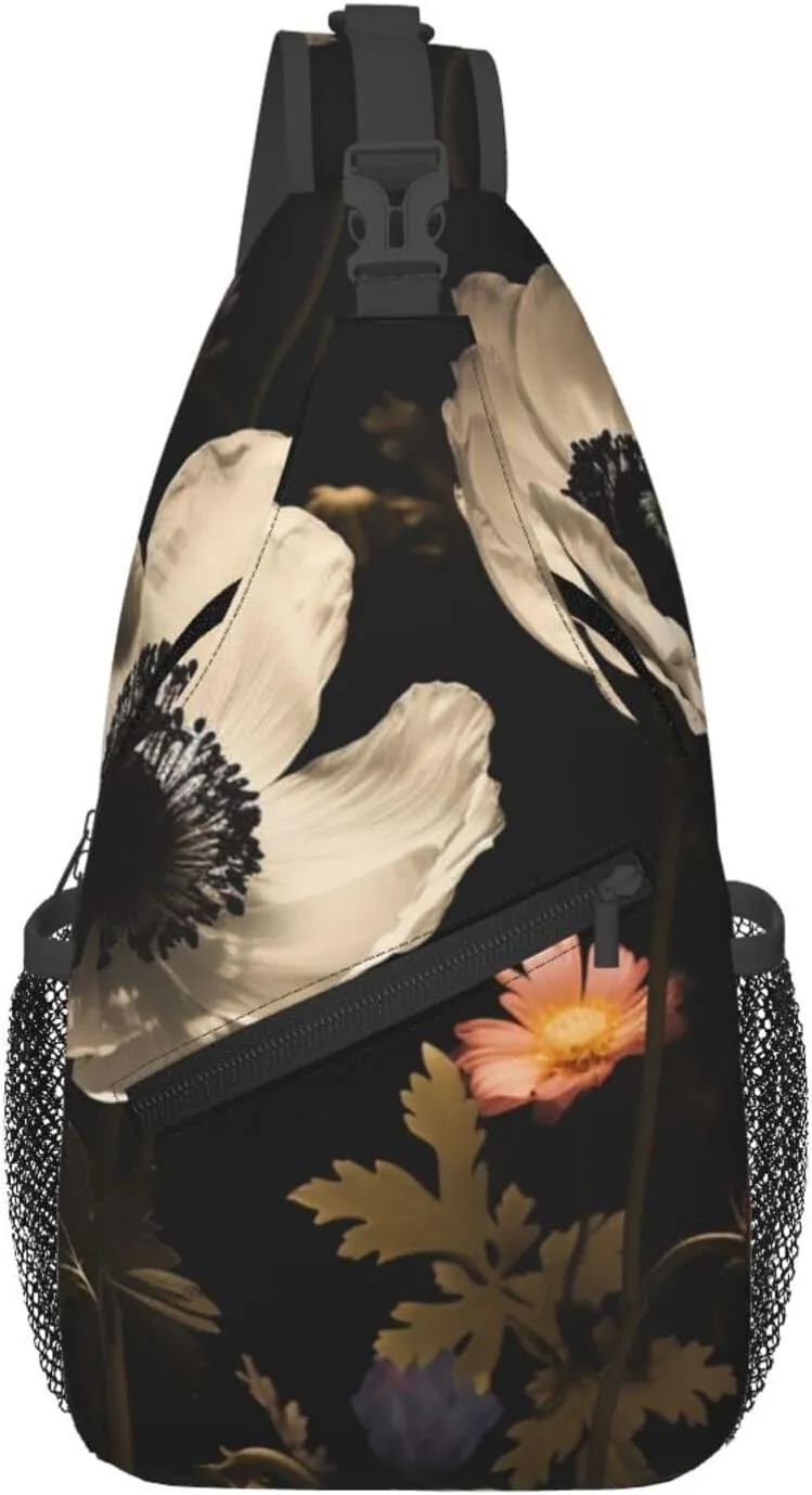 Blooming Flowers Black Sling Bag Backpack For Men Cross Chest Bag Crossbody Shoulder Bag Travel Hiking Daypack