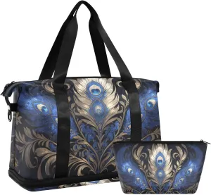 Blue and Golden Peacock Duffel Bags Weekender Travel Overnight Bag with Toiletry Bag for Trekking Large Capacity