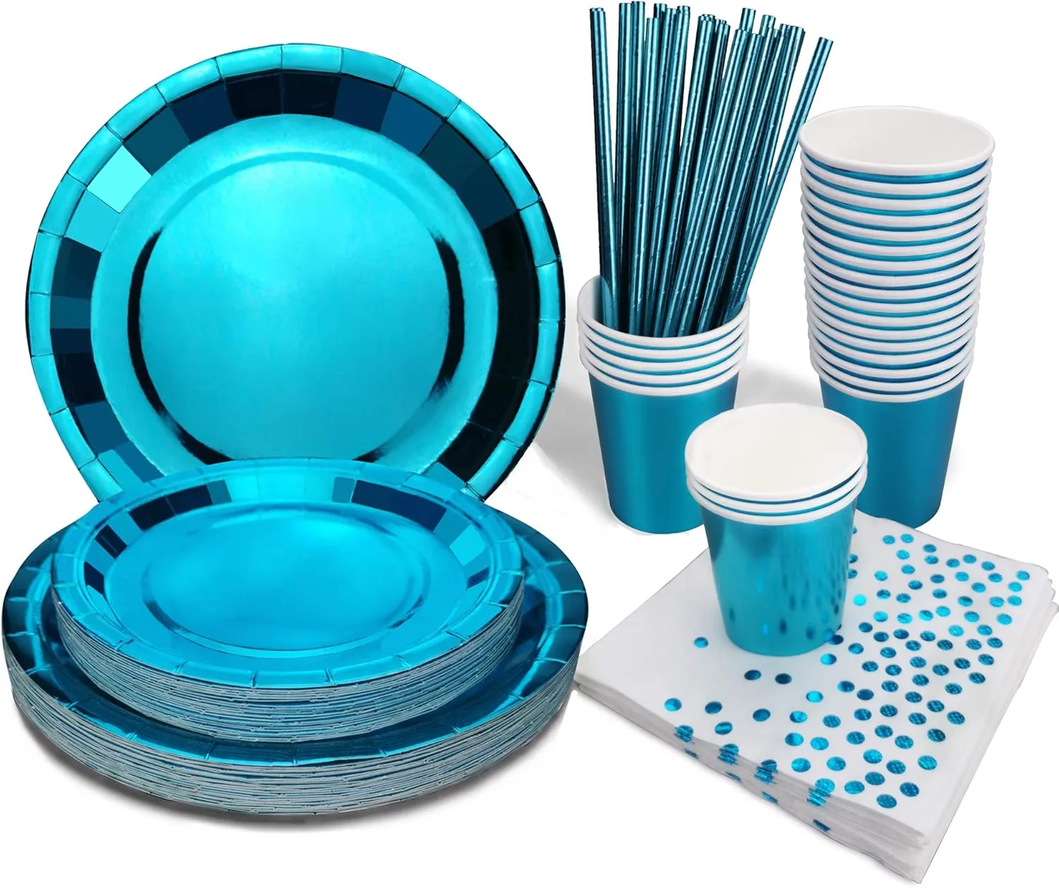 Blue Birthday Party Decorations Party Supplies Heavy Duty Disposable Metallic Blue Paper Plates and Napkins Dinnerware Set for Halloween,Baby Shower,Wedding-125PCS