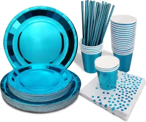 Blue Birthday Party Decorations Party Supplies Heavy Duty Disposable Metallic Blue Paper Plates and Napkins Dinnerware Set for Halloween,Baby Shower,Wedding-125PCS