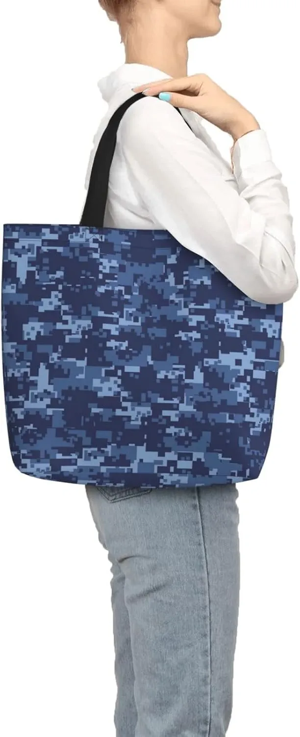 Blue Camo Print Tote Bags Reusable Grocery Bag Shoulde Bag Handbag For Office Shopping Travel Women Casual Work