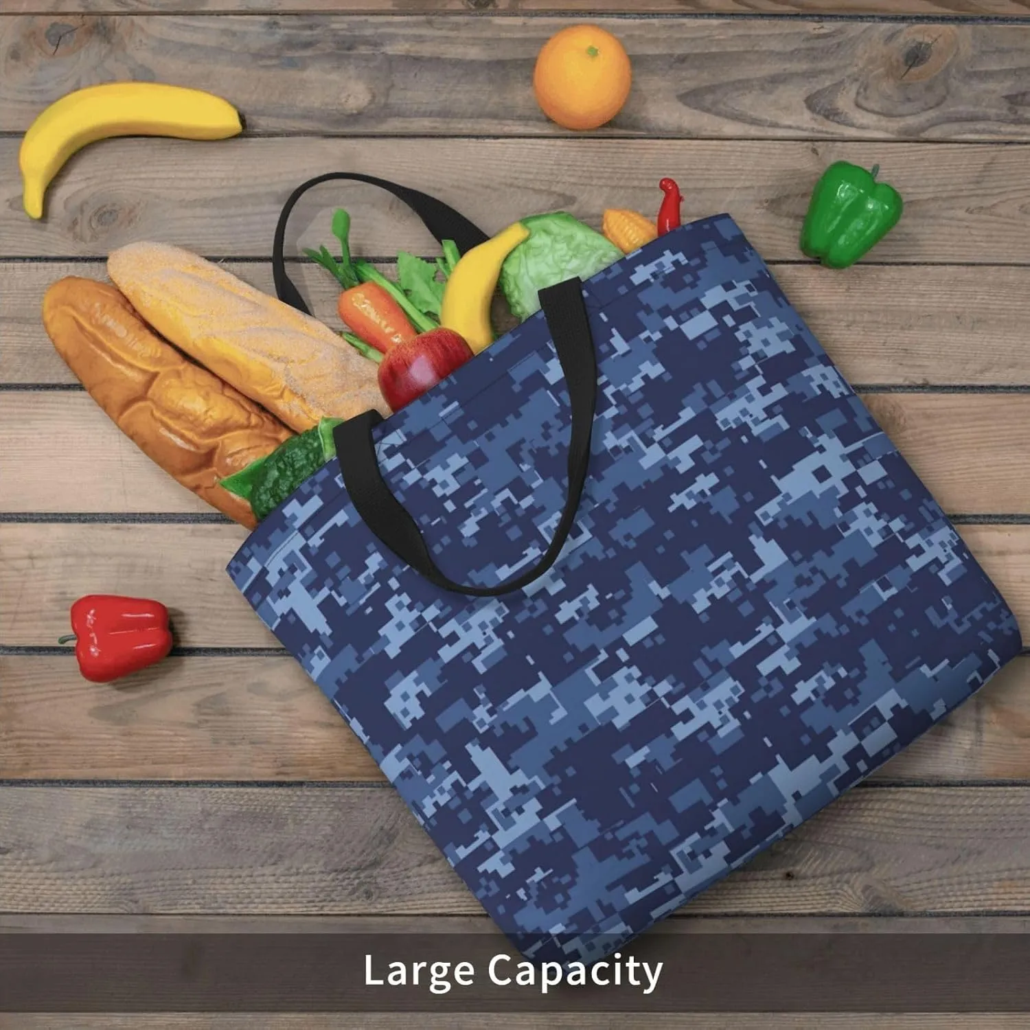 Blue Camo Print Tote Bags Reusable Grocery Bag Shoulde Bag Handbag For Office Shopping Travel Women Casual Work