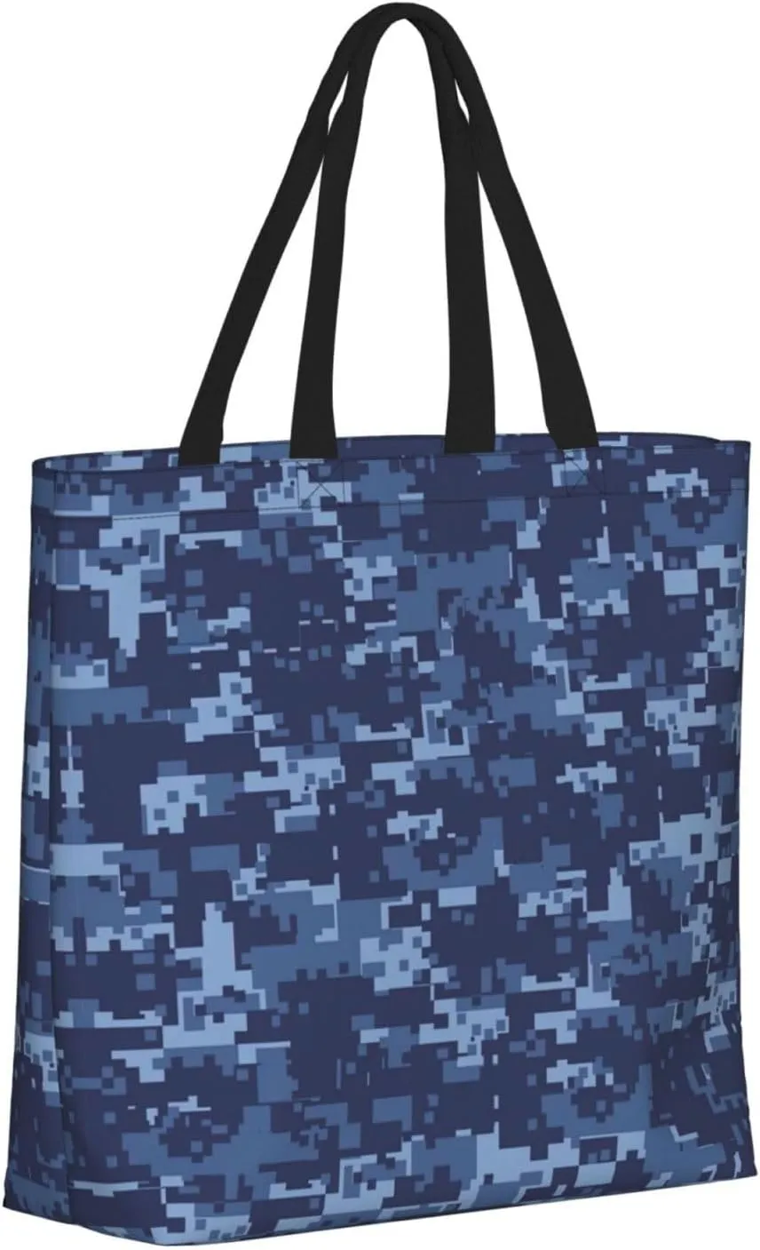 Blue Camo Print Tote Bags Reusable Grocery Bag Shoulde Bag Handbag For Office Shopping Travel Women Casual Work