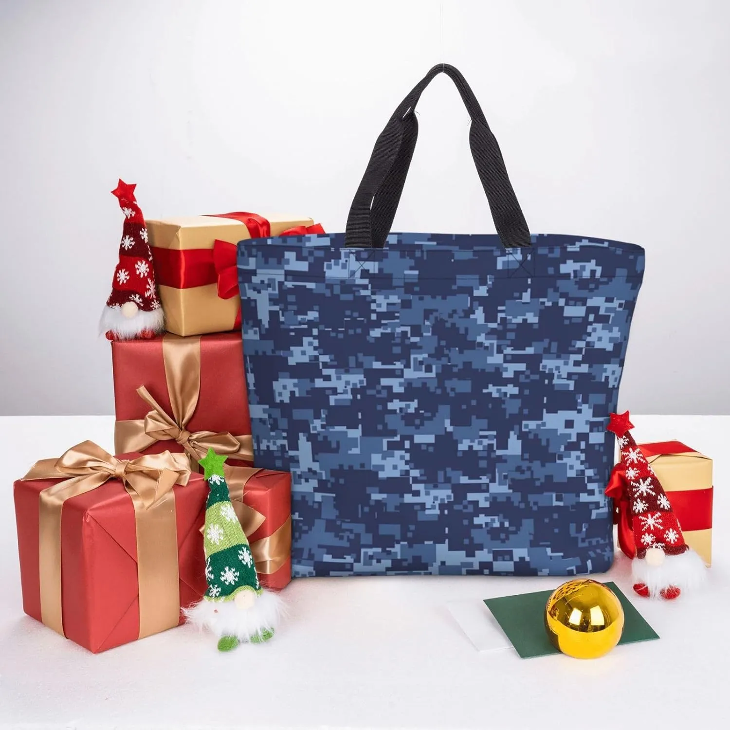 Blue Camo Print Tote Bags Reusable Grocery Bag Shoulde Bag Handbag For Office Shopping Travel Women Casual Work