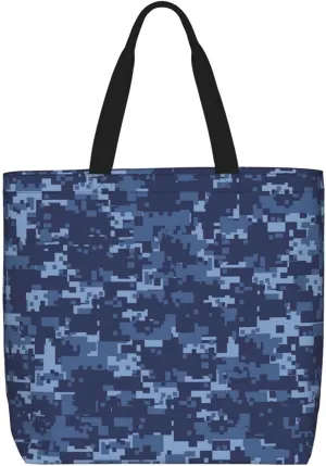 Blue Camo Print Tote Bags Reusable Grocery Bag Shoulde Bag Handbag For Office Shopping Travel Women Casual Work